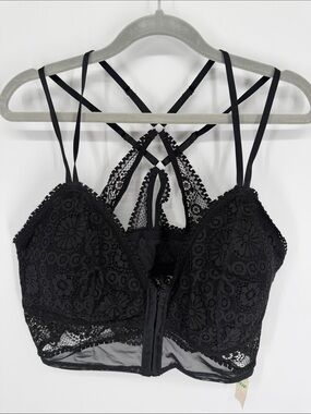 Aerie Lace Strappy Wireless Front Closure Bra Size XL NWT Black